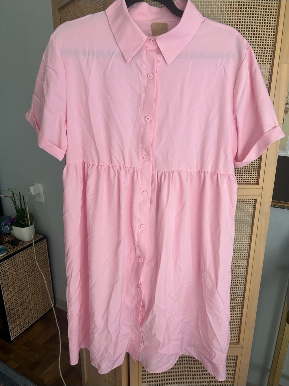 Pink Babydoll Shirt Dress XL Button Front Collared Flowy Mini